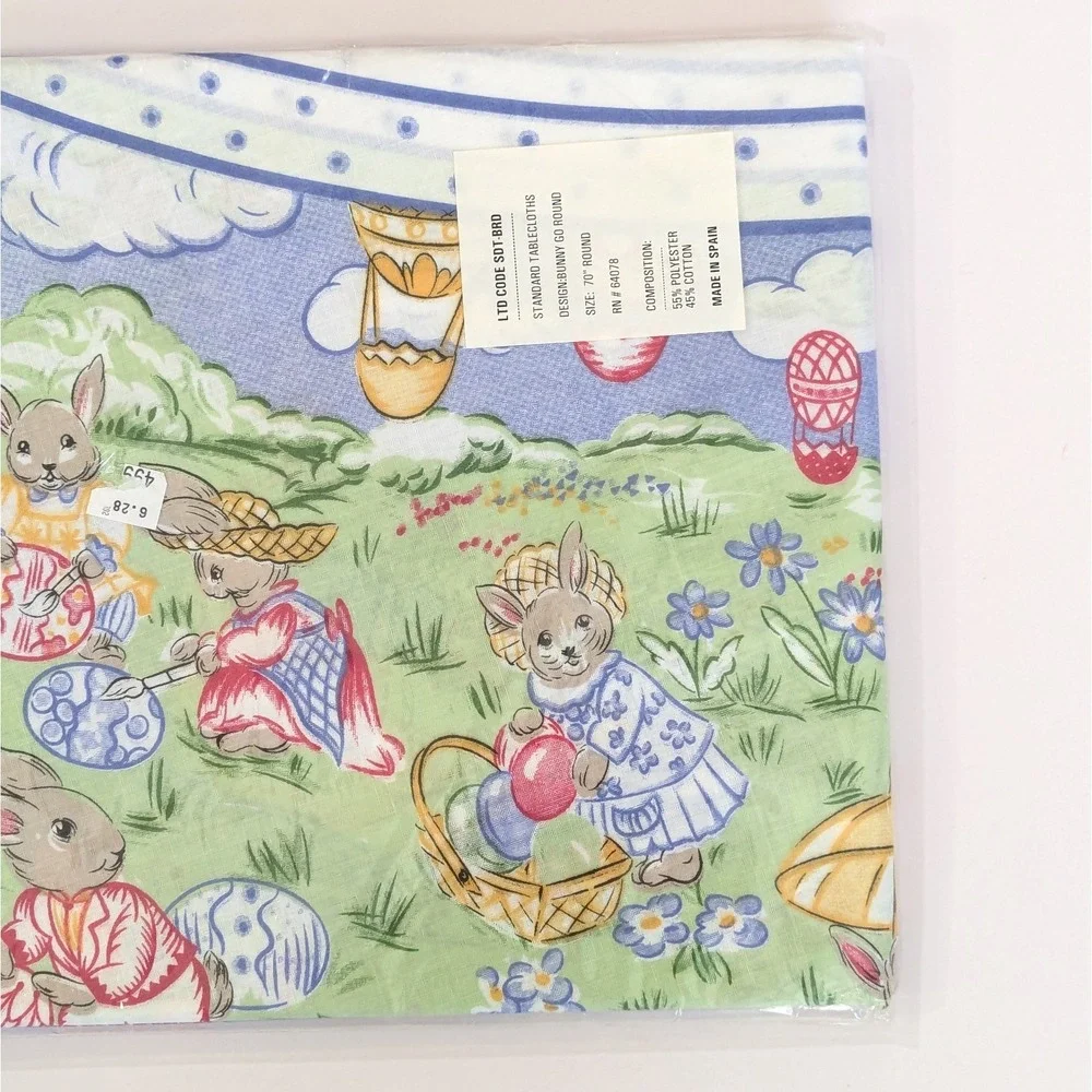 Vtg Easter Tablecloth Carousel Eggs Bunny Merry-Go-Round 70
